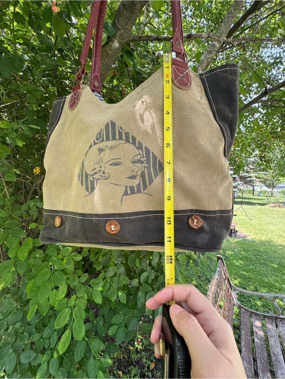 Canvas Tote with Graphic Portrait Print - Tan & Black - Picture 7 of 8